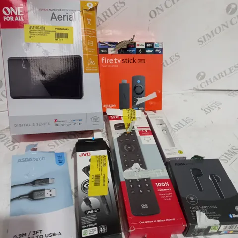 BOX OF APPROXIMATELY 15 ASSORTED ITEMS TO INCLUDE FIRE TV STICK, WIRELESS EARBUDS, USB CABLE ETC