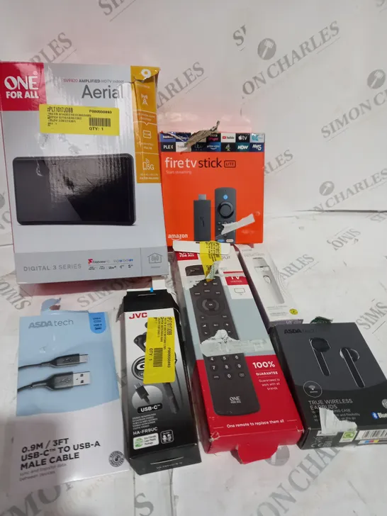 BOX OF APPROXIMATELY 15 ASSORTED ITEMS TO INCLUDE FIRE TV STICK, WIRELESS EARBUDS, USB CABLE ETC