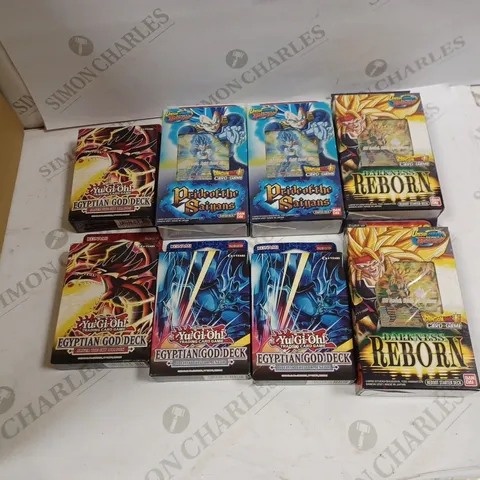 LOT OF 8 CARD PACKS TO INCLUDE PRIDE OF THE SAIYANS, DARKNESS REBORN, AND YU-GIOH EGYPTIAN GOD DECK ETC.