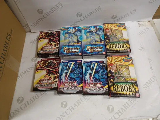 LOT OF 8 CARD PACKS TO INCLUDE PRIDE OF THE SAIYANS, DARKNESS REBORN, AND YU-GIOH EGYPTIAN GOD DECK ETC.