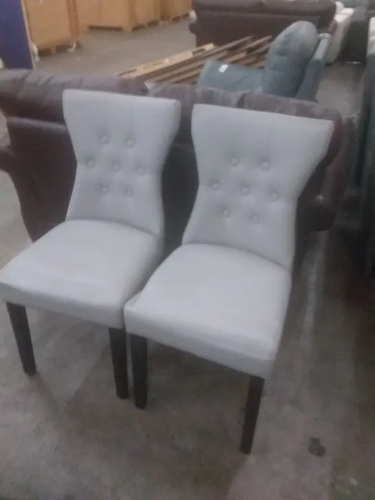 PAIR OF DESIGNER GREY FAUX LEATHER STUDDED DETAIL DINING CHAIRS WITH BLACK LEGS