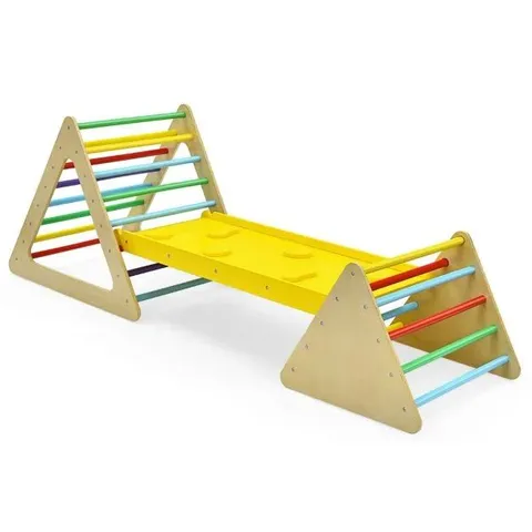 BOXED COSTWAY 3 IN 1 KIDS CLIMBING LADDER SET 2 TRIANGLE CLIMBERS WITH RAMP FOR SLIDING - MULTICOLOURED 