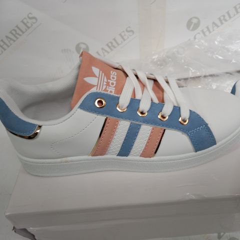 BOXED PAIR OF ADIDAS CORAL/BLUE/WHITE TRAINERS - UK 37