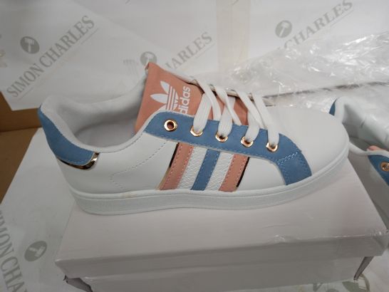 BOXED PAIR OF ADIDAS CORAL/BLUE/WHITE TRAINERS - UK 37