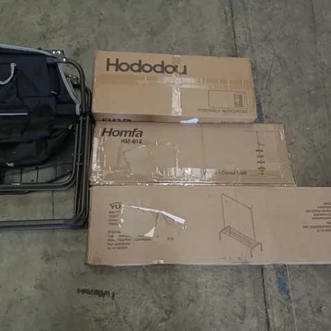 PALLET OF ASSORTED ITEMS INCLUDING FOLDOUT CAMPING CHAIR, HODODOU PORTABLE WARDROBE, HOMFA BATHROOM CORNER SHELF, YUDA CLOTHES RACK, ACEKOOL AIR PURIFIER 