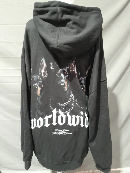 BOOHOO MAN OVERSIZED WORLDWIDE GRAPHIC HOODIE IN BLACK SIZE LARGE