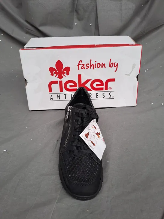 BOXED PAIR OF RIEKER WEDGE TRAINERS IN BLACK, UK SIZE 5