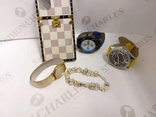 LOT OF 5 ITEMS INCLUDING 3 HAND WATCHES, BRACELET, LOUIS VUITTON PHONE CASE