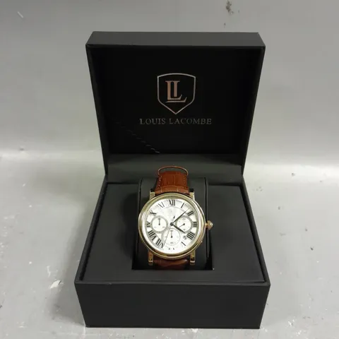 BOXED LOUIS LACOMBE CHRONOGRAPH DIAL WITH DATE & BROWN STRAP