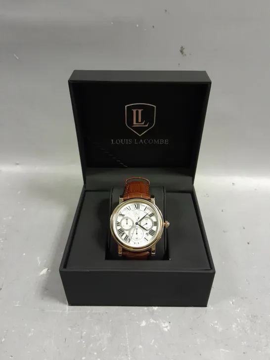 BOXED LOUIS LACOMBE CHRONOGRAPH DIAL WITH DATE & BROWN STRAP