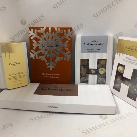 APPROXIMATELY 10 ASSORTED HOTEL CHOCOLAT PRODUCTS TO INCLUDE; EVERYTHING BOX, MILK TO CARAMEL, HAPPY MOTHERS DAY, EVERYTHING SELECTION BOX AND THE ADVENT CALENDER