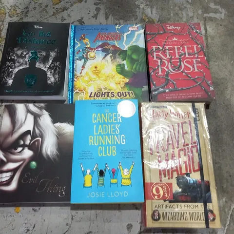 LARGE QUANTITY OF ASSORTED BOOKS TO INCLUDE; HARRY POTTER TRAVEL MAGIC, DISNEY'S TWISTED STORIES, THE CANCER LADIES RUNNING CLUB AND THE MIGHTY AVENGERS LIGHTS OUT