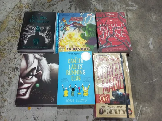 LARGE QUANTITY OF ASSORTED BOOKS TO INCLUDE; HARRY POTTER TRAVEL MAGIC, DISNEY'S TWISTED STORIES, THE CANCER LADIES RUNNING CLUB AND THE MIGHTY AVENGERS LIGHTS OUT