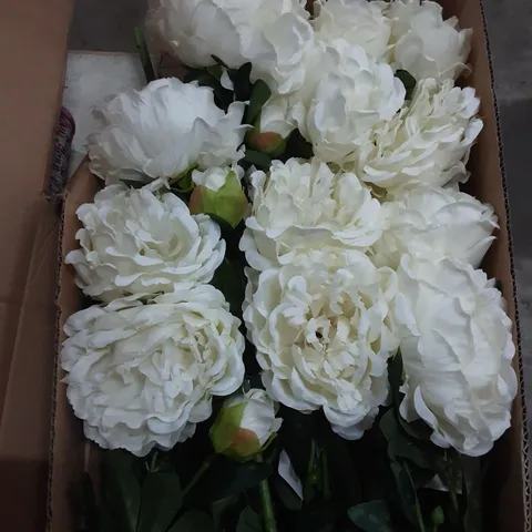 BOX OF 24 BRAND NEW SIGNATURE SILK FLOWERS 68CM PEONY SPRAY W/1 FLOWER, 1 BUD & 5 LEAVES - CREAM