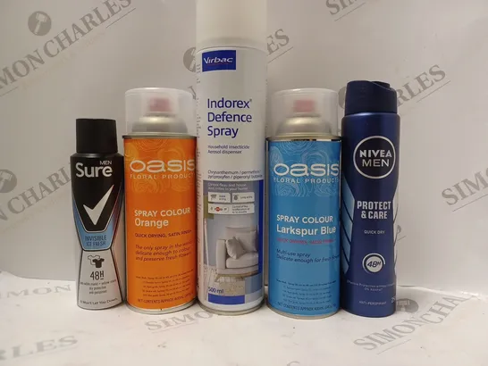 BOX OF APPROX 10 ASSORTED AEROSOLS TO INCLUDE OASIS SPRAY COLOUR, SURE MEN DEODORANT, NIVEA MEN DEODORANT, ETC 