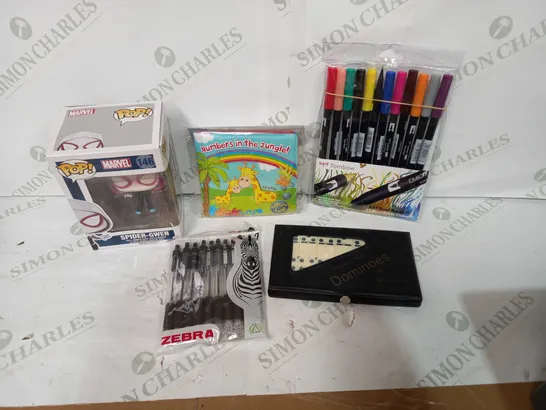 BOX OF APPROX 30 ASSORTED TOYS TO INCLUDE - DOMINOES SET, PACKS OF PENS, POP MARVEL ACTION FIGURE ETC