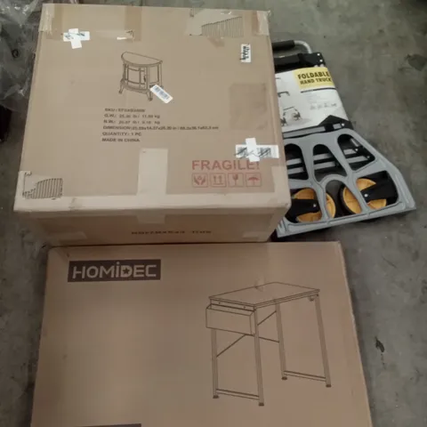 PALLET OF ASSORTED ITEMS INCLUDING FOLDABLE HAND TRUCK, FIREPLACE, HOMIDEC WORKDESK, HNNHOME CHAIR, ARTIFICAL PLANT, FLOGUOOR CHAIR