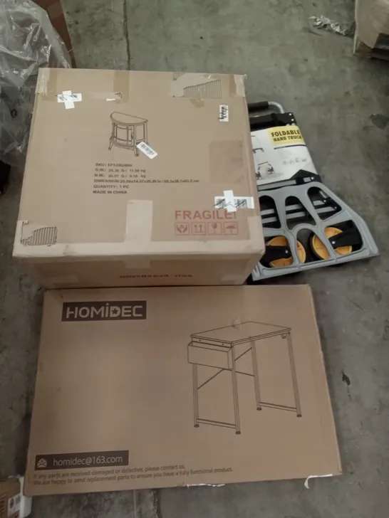 PALLET OF ASSORTED ITEMS INCLUDING FOLDABLE HAND TRUCK, FIREPLACE, HOMIDEC WORKDESK, HNNHOME CHAIR, ARTIFICAL PLANT, FLOGUOOR CHAIR