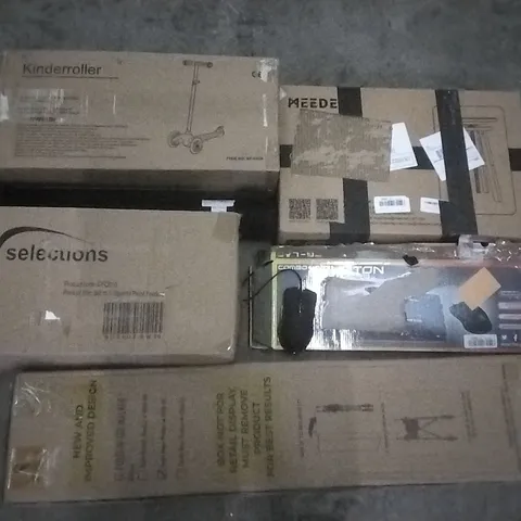 PALLET OF ASSORTED ITEMS INCLUDING KINDERROLLER SCOOTER, REGAL TOSE FOLDING CHAIR, MEEDEN WOODEN DRAFTING STOOL, LED KEYBOARD & MOUSE, SELECTIONS 3 SQUIRREL PROOF FEEDERS, GOTURE FISHING ROD