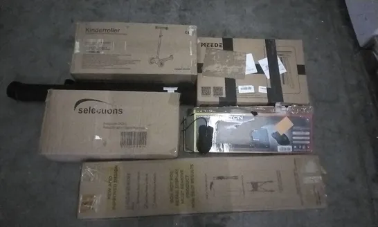 PALLET OF ASSORTED ITEMS INCLUDING KINDERROLLER SCOOTER, REGAL TOSE FOLDING CHAIR, MEEDEN WOODEN DRAFTING STOOL, LED KEYBOARD & MOUSE, SELECTIONS 3 SQUIRREL PROOF FEEDERS, GOTURE FISHING ROD