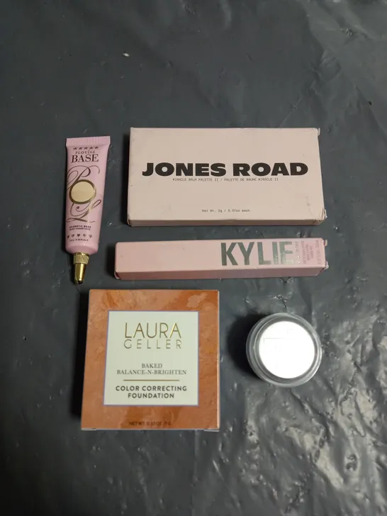 LOT OF 5 ASSORTED COSMETIC PRODUCTS TO INCLUDE - PLOUISE RUMOUR 02 COSMETIC BASE - KYLIE JENNER MATTE LIQUID LIPSTICK - JONES ROAD MIRACLE BALM PALETTE - ETC