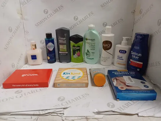 LOT OF APPROXIMATELY 20 ASSORTED COSMETIC GOODS TO INCLUDE: TED BAKER HAND WASH, DOVE EXTRA FRESH BODY WASH, AND GRUUM SET ETC. 