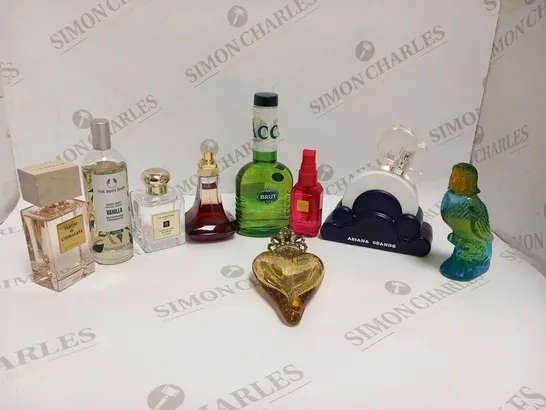 APPROXIMATELY 18 ASSORTED UNBOXED SCENTS AND FRAGRANCES TO INCLUDE; BRUT, ARIANA GRANDE, THE BODY SHOP, JO MALONE AND RITUAL