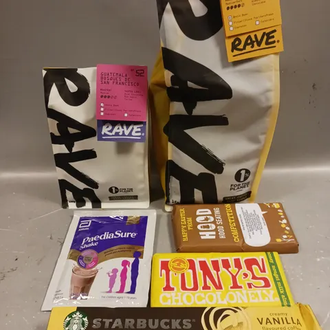 APPROXIMATELY 10 ASSORTED FOOD/DRINK PRODUCTS TO INCLUDE RAVE COFFEE, TONY'S CHOCOLATE, STARBUCKS COFFEE PODS ETC