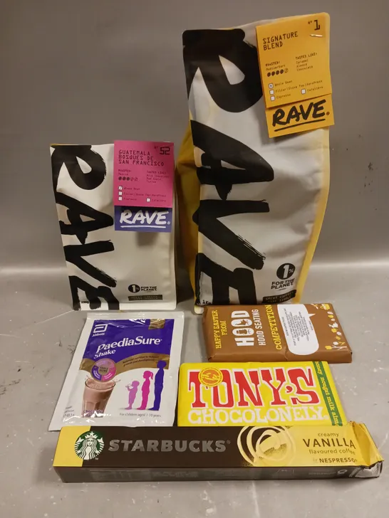 APPROXIMATELY 10 ASSORTED FOOD/DRINK PRODUCTS TO INCLUDE RAVE COFFEE, TONY'S CHOCOLATE, STARBUCKS COFFEE PODS ETC