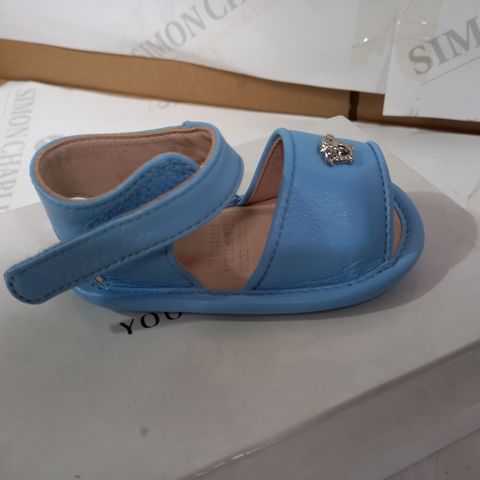 BOXED PAIR OF BLUE YOUNG VERSACE SANDALS