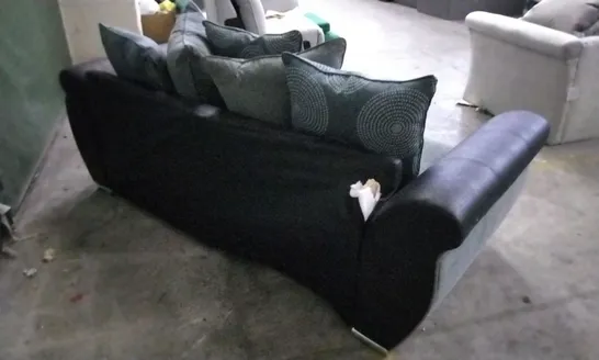 DESIGNER DANUBE GREY FABRIC AND BLACK SUEDE EFFECT THREE SEATER SOFA