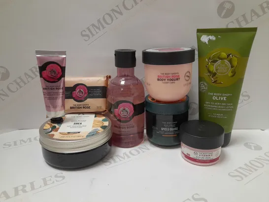 LOT OF APPROX 8 ASSORTED THE BODY SHOP PRODUCTS TO INCLUDE VITAMIN E MOISTURE CREAM, BRITISH ROSE BODY YOGURT, SHEA BODY BUTTER, ETC