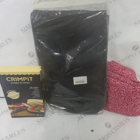 BOX OF APPROXIMATELY 15 ASSORTED HOUSEHOLD ITEMS TO CONTAIN CRIMPER FOR WRAPS, LARGE BLACK BAG, RED DESIGN CLOTH ETC 