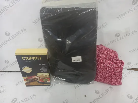 BOX OF APPROXIMATELY 15 ASSORTED HOUSEHOLD ITEMS TO CONTAIN CRIMPER FOR WRAPS, LARGE BLACK BAG, RED DESIGN CLOTH ETC 