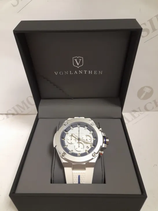 MENS VONLANTHEN CHRONOGRAPH WATCH – V200 – TEXTURED DIAL – CHRONOGRAPH MOVEMENT – WHITE/BLUE RUBBER STRAP – 3ATM WATER RESISTANT