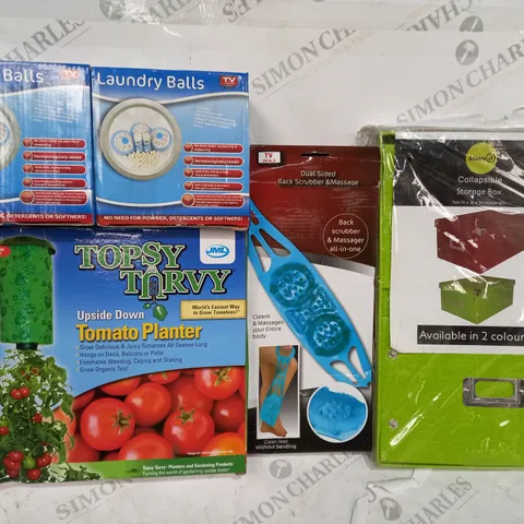 BOX OF ASSORTED ITEMS SET TO INCLUDE TOMATO PLANTER, BACK MASSAGER, LAUNDRY BALLS ETC