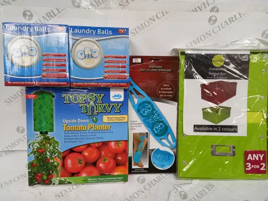 BOX OF ASSORTED ITEMS SET TO INCLUDE TOMATO PLANTER, BACK MASSAGER, LAUNDRY BALLS ETC