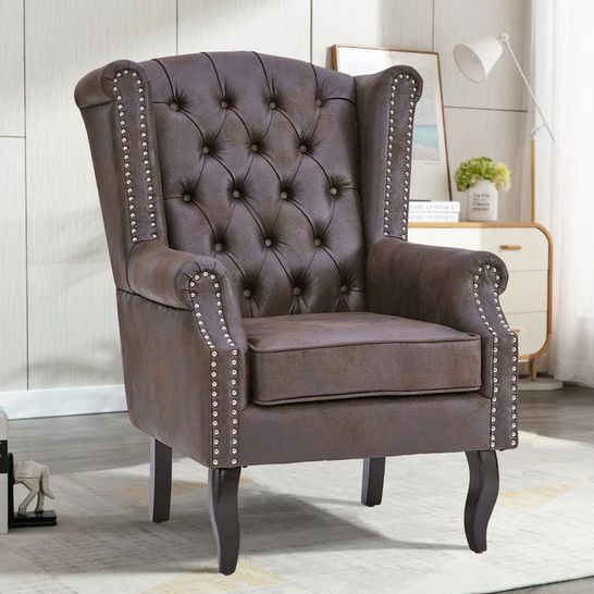 BOXED DESIGNER ANGELA WINGBACK CHOCOLATE FAUX LEATHER CHAIR WITH STUDDED DETAIL