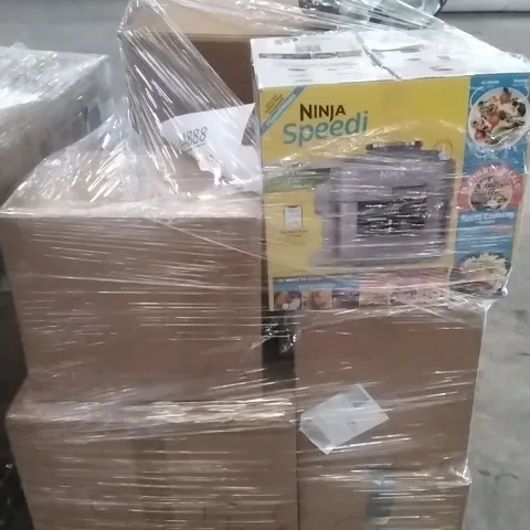 PALLET OF ASSORTED ITEMS INCLUDING NINJA SPEEDI RAPID COOKER, ALISON CORK GINKGO LEAF TABLE LAMP, COOK'S ESSENTIALS 5.8L AIR FRYER, SHARK STEAM FLOOR SCRUBBER 