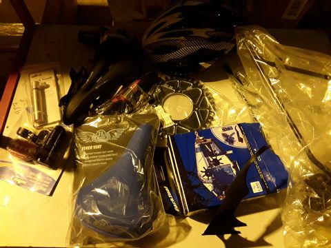 ASSORTED BICYCLE ACCESSORIES PARKTOOL CHAIN CLEANER, REAR RACK, CHILDS HELMET, SHIVER & FLYER SADDLES, LIGHT SETS, HAND PUMPS.