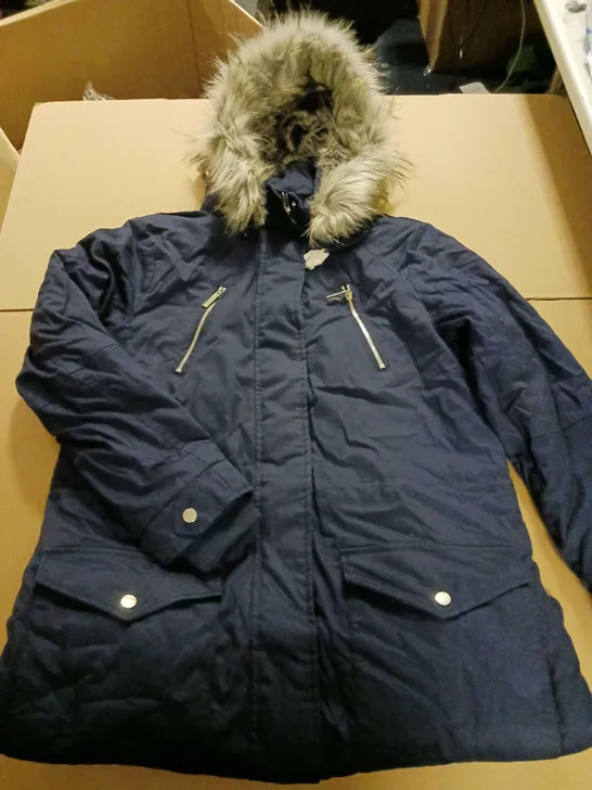 RUTH LANGSFORD LADIES COAT WITH FUR LINED HOOD BLUE SIZE S