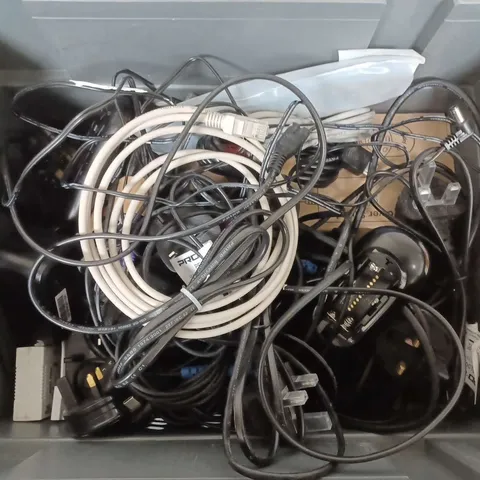 BOX OF ASSORTED CABLES AND TV REMOTES 