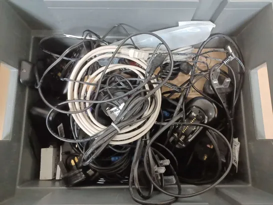 BOX OF ASSORTED CABLES AND TV REMOTES 