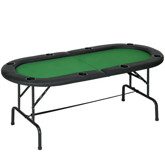 BOXED HOMCOM 8 PLAYER FOLDING POKER TABLE, OVAL PORTABLE BLACKJACK CASINO TABLE WITH CUP HOLDER, FELT TOP AND METAL BASE, 183 X 82 X 75CM, GREEN AND BLACK