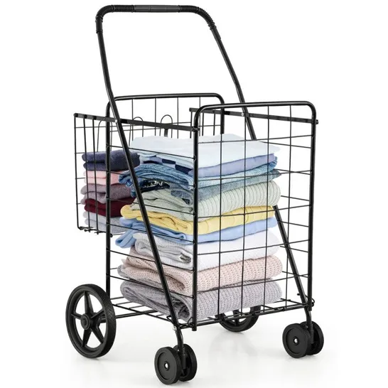 BOXED COSTWAY FOLDING SHOPPING CART WITH SWIVELING WHEELS AND DUAL STORAGE BASKETS