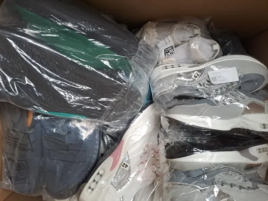 BOX OF APPROXIMATELY 15 ASSORTED PAIRS OF SHOES AND FOOTWEAR ITEMS IN VARIOUS STYLES AND SIZES TO INCLUDE SPORT, FOOTGLOVE, SHUANGFEI, ETC