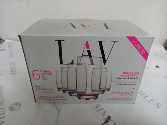 BOXED LAV 6 CORAL GLASSES IN VAROUS COLOURS