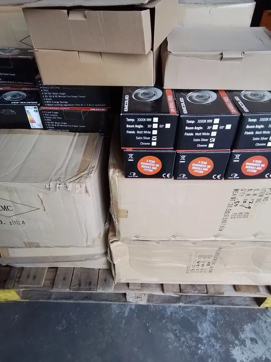 PALLET OF APPROXIMATELY 350 EMCOLITE LIGHTING ITEMS TO INCLUDE- 10W MODULE FIXED, LSC , CEILING LIGHT ETC