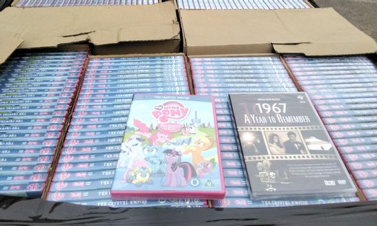 PALLET OF APPROXIMATELY 3000 DVDS INCLUDING 1967 A YEAR TO REMEMBER, MY LITTLE PONY FRIENDSHIP IS MAGIC 