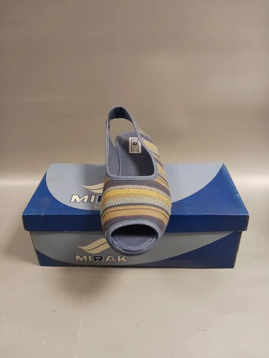 BOXED PAIR OF MIRAK CLASSIC CARLA OPEN TOE SHOES IN BLUE - 7.5